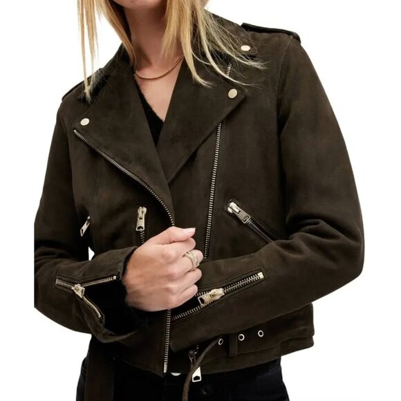 ALL SAINTS $569 Suede Balfern Biker Jacket Size 6 in Tarmac Green